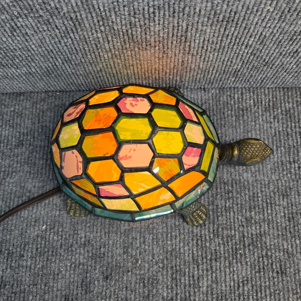 Vintage Tiffany Style Stained Glass Turtle Table Lamp Brass 8" Multicolor - Picture 7 of 8